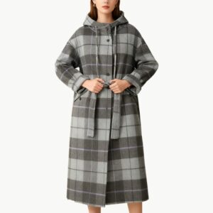 Mid length Hooded Plaid Wool Coat