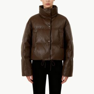 Stand up Collar PU Leather Down Jacket